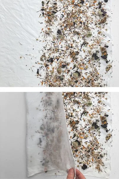 Arranging flowers on silk for bundle dyeing
