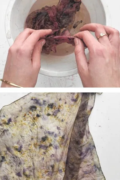 Rinsing the bundle-dyed silk scarf