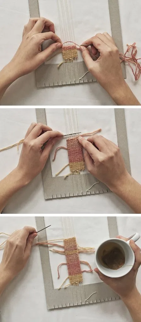 Weaving weft between the warp threads
