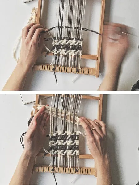 Houndstooth pattern building up on a frame loom