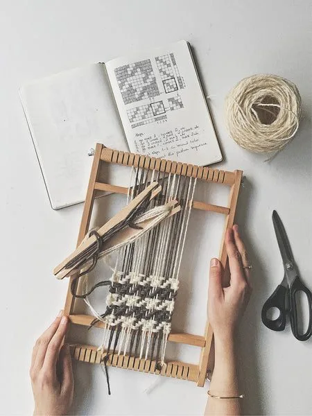 Frame loom weaving samples and wall hangings