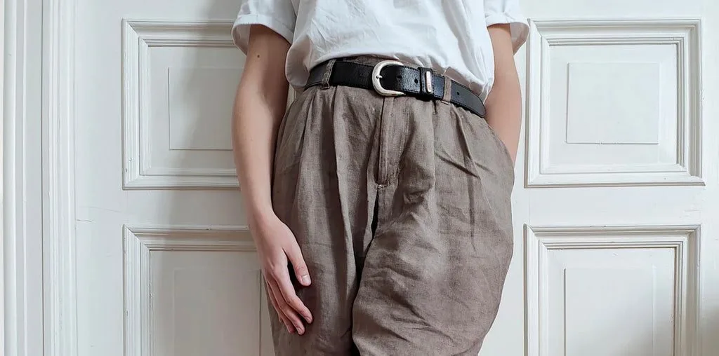 Linen pants dyed gray with oak leaves and iron