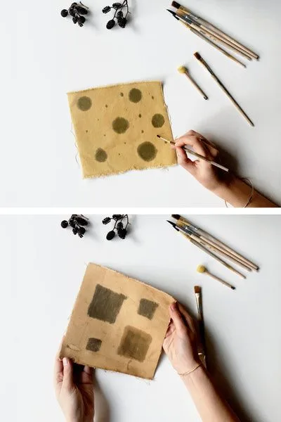 Different brushes for painting patterns on plant-dyed fabric