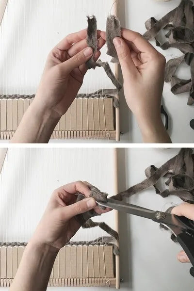 Securing the base of a rag rug weaving
