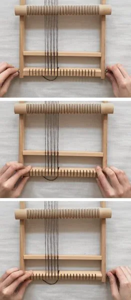 Securing the warp with a knot around the bottom beam