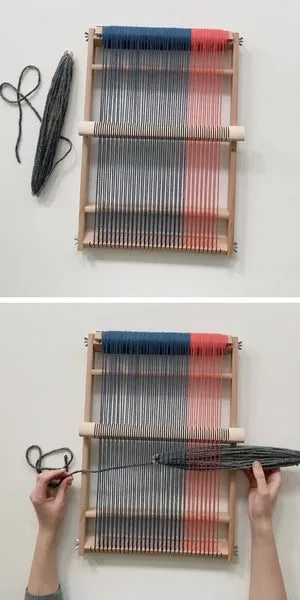 Winding the warp onto the top beam with cardboard strips